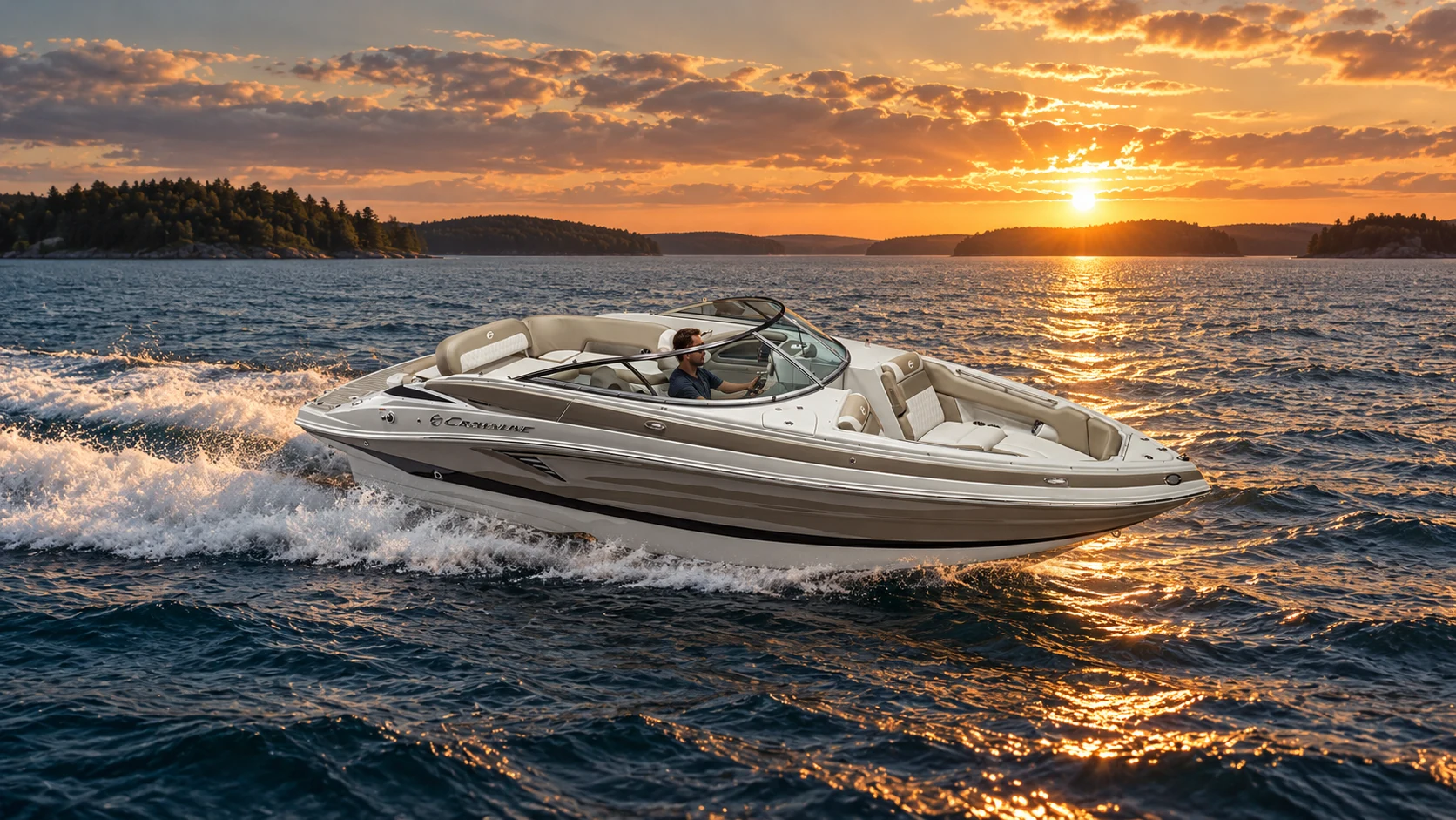 A Crownline bowrider cruising across the lake at sunset